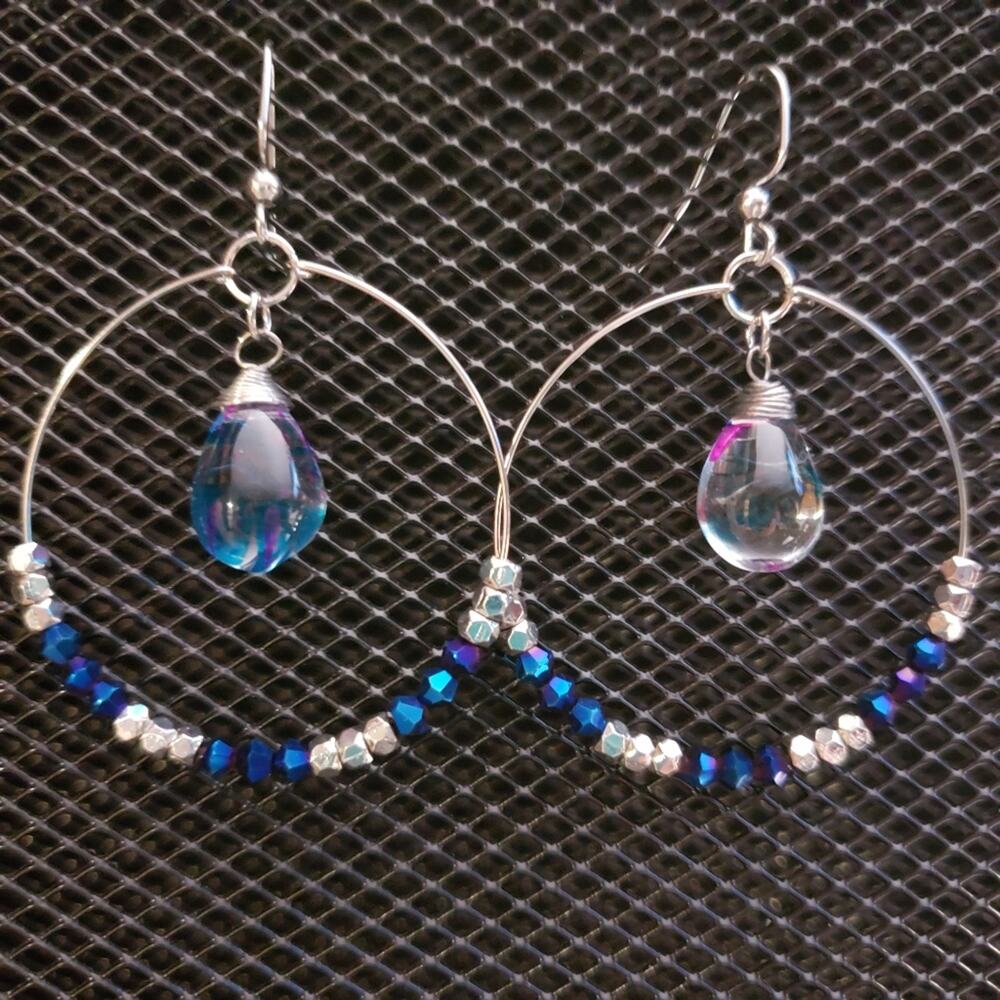 Blue, fuchsia and silver beaded hoop earrings with teardrop dangle